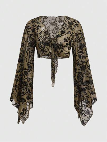 Hippie Blusa de mujer con cuello en V, mangas abullonadas y diseño retorcido en la parte delantera, de estamapdo floral vintage de malla