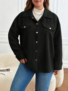 SHEIN Frenchy Plus Barnfit Flap Detail Drop Shoulder Jacket - Black - View 6