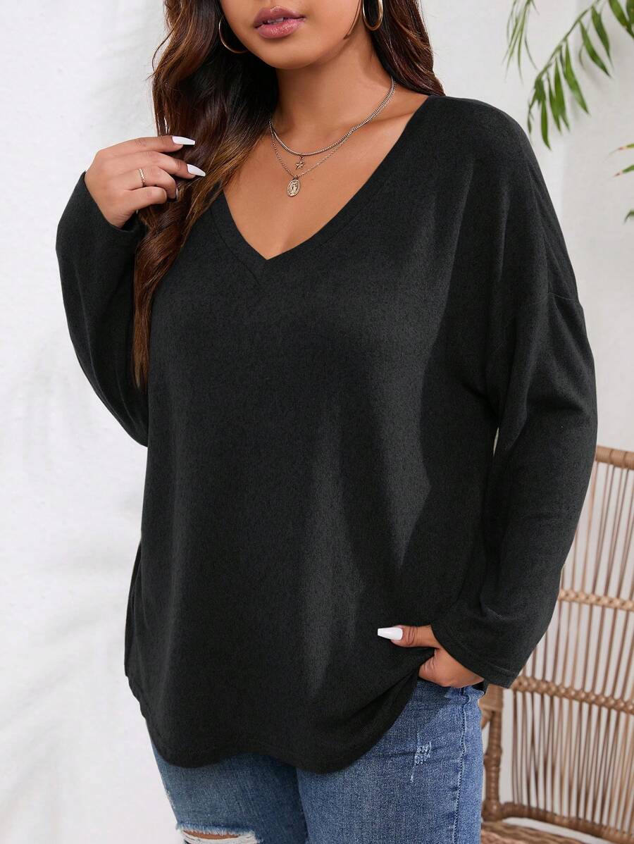 SHEIN EZwear 大碼素色V領落肩T恤 - 黑色 - 查看 1