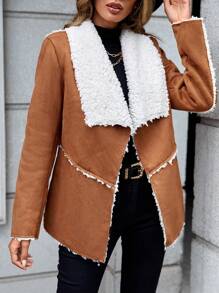 SHEIN LUNE 大翻領毛絨內襯開門襟外套 - 棕色 - 查看 3