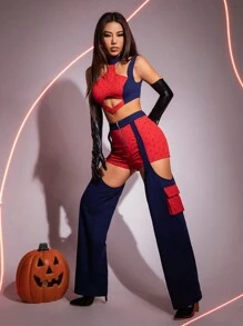 SHEIN ICON Two Tone Cut Out Crop Tank Top & Zip Up Pants - Navy Blue - View 4