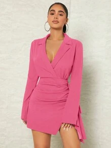 SHEIN SXY Lapel Neck Ruched Wrap Hem Dress - Pink - View 1