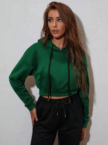 StreetHx Drop Shoulder Drawstring Crop Hoodie - Dark Green - View 4