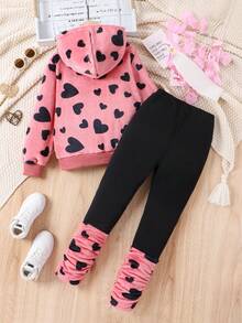 SHEIN Áo hoodie in hình trái tim Tween Girl & Quần legging viền xếp nếp - Nhiều màu - Xem 2