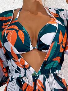 Swim Vcay Summer Beach Tropical Print Halter Triangle Bikini Set With Cover Up - Multicolor - View 3