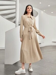 Mulvari Pleated Hem Belted Shirt Dress - Khaki - View 6