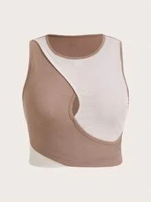 Flirla Plus Two Tone Cut Out Tank Top Graphic Tees Women Tops - Khaki - View 1