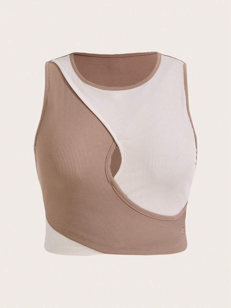 Flirla Plus Two Tone Cut Out Tank Top Graphic Tees Women Tops - Khaki - View 1