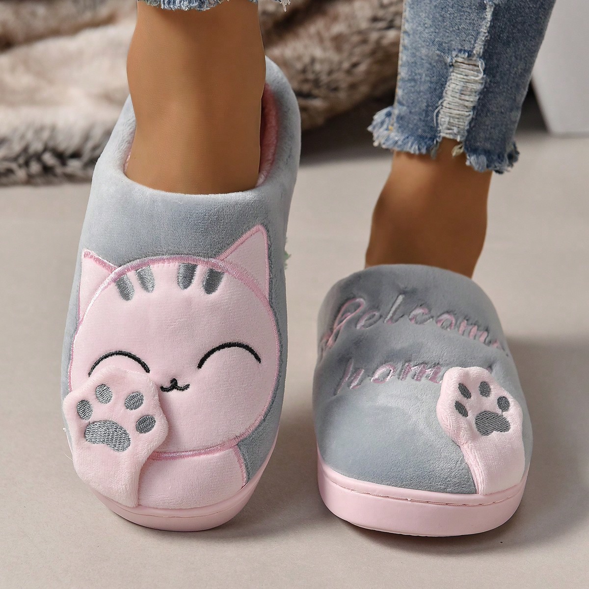 Nuevas zapatillas de casa de mujer para otoño/invierno con bordado de dibujos animados esponjosos, estilo de pareja Maneki-Neko, zapatillas de casa g