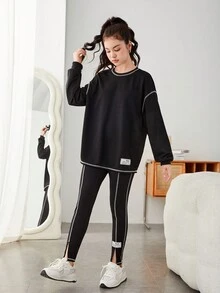 SHEIN Teen Girl Letter Patched Top-stitching Drop Shoulder Pullover & Leggings - Black - View 3