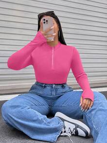 SHEIN EZwear Hơn Một nửa khóa kéo Áo phông vừa vặn - Màu Hồng Tươi - Xem 6