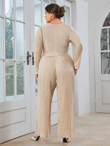 SHEIN Essnce Plus Lettuce Trim Crop Tee & Wide Leg Pants - Apricot - View 2