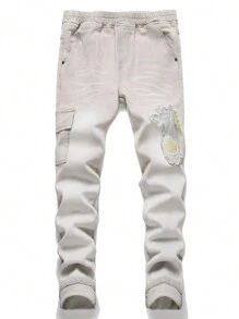 Tween Boy Cartoon Patched Flap Pocket Cargo Pants - Grey - View 1