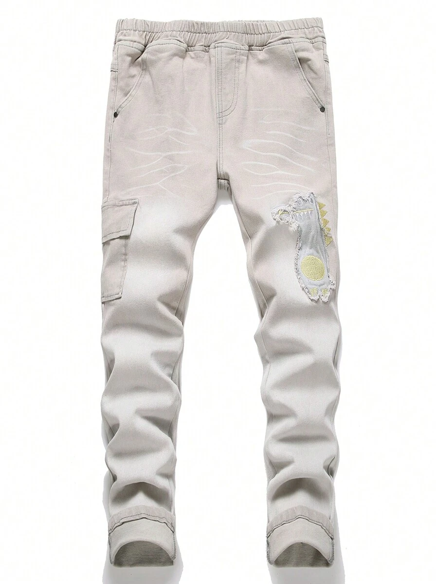 Tween Boy Cartoon Patched Flap Pocket Cargo Pants - Grey - View 1