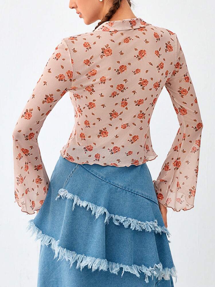 Allover Floral Print Ruched Front Trumpet Sleeve Mesh Top