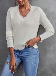 SHEIN LUNE Drop Shoulder Distressed Trim Sweater
