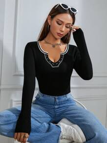 SHEIN Unity 撞色飾邊缺口領T恤 - 黑色 - 查看 6