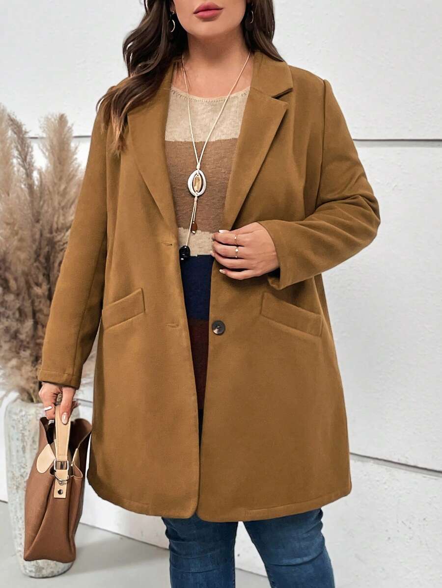 EMERY ROSE Plus Áo khoác cổ có ve áo một bên ngực - Màu Khaki - Xem 1