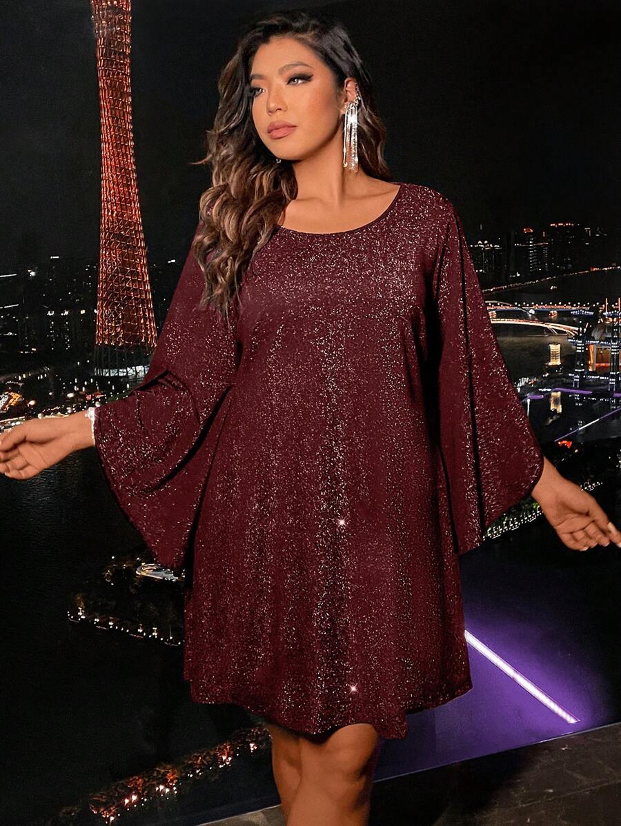 Plus Trumpet Sleeve Glitter Dress - Burgundy - View 1