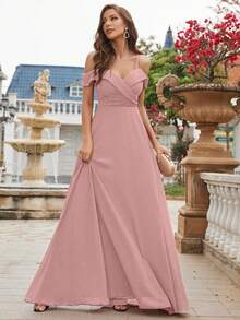 UNITHORSE Cold Shoulder Ruched Bodice Chiffon Bridesmaid Dress Elegant Dress