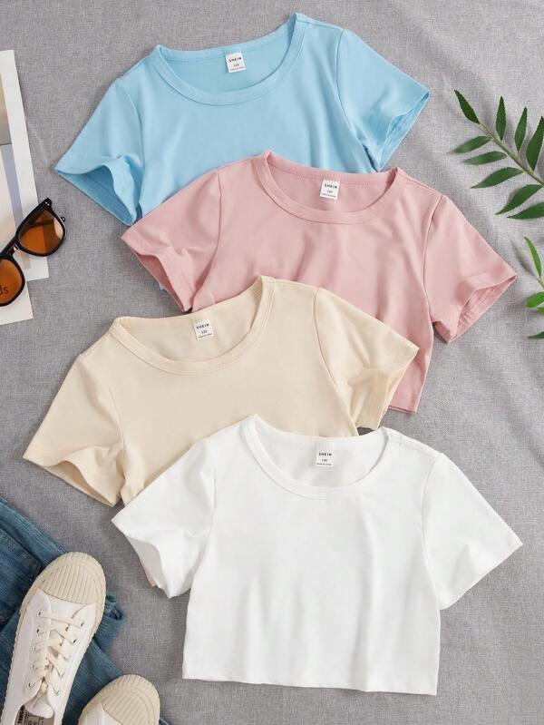 SHEIN Teenager Mädchen 4 Stücke Einfarbig T-Shirt mit rundem Kragen