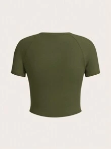 SHEIN EZwear Áo thun nữ Lá thư Sọc Giải trí - xanh quân đội - Xem 2