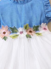Đứa bé gái Đồ trang trí hoa Viền Ruffle Váy lưới che phủ - Xanh và trắng - Xem 4