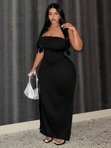 Slaydiva Plus Size Elegant Casual Solid Color Strapless High Slit Women's Dress - Black - View 3