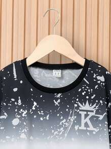 SHEIN Leap Crew Tween Boy Letter Graphic Ombre Sweatshirt & Sweatpants - Black and White - View 3