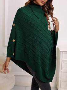 SHEIN 孕婦高領紐扣細節麻花編織斗篷毛衣 - 綠色 - 查看 5