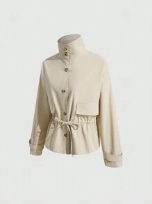 SHEIN Unity Drawstring Waist Flap Detail Trench Coat - Khaki - View 3