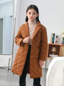 SHEIN Tween Girl 1pc Lapel Neck Belted Quilted Coat