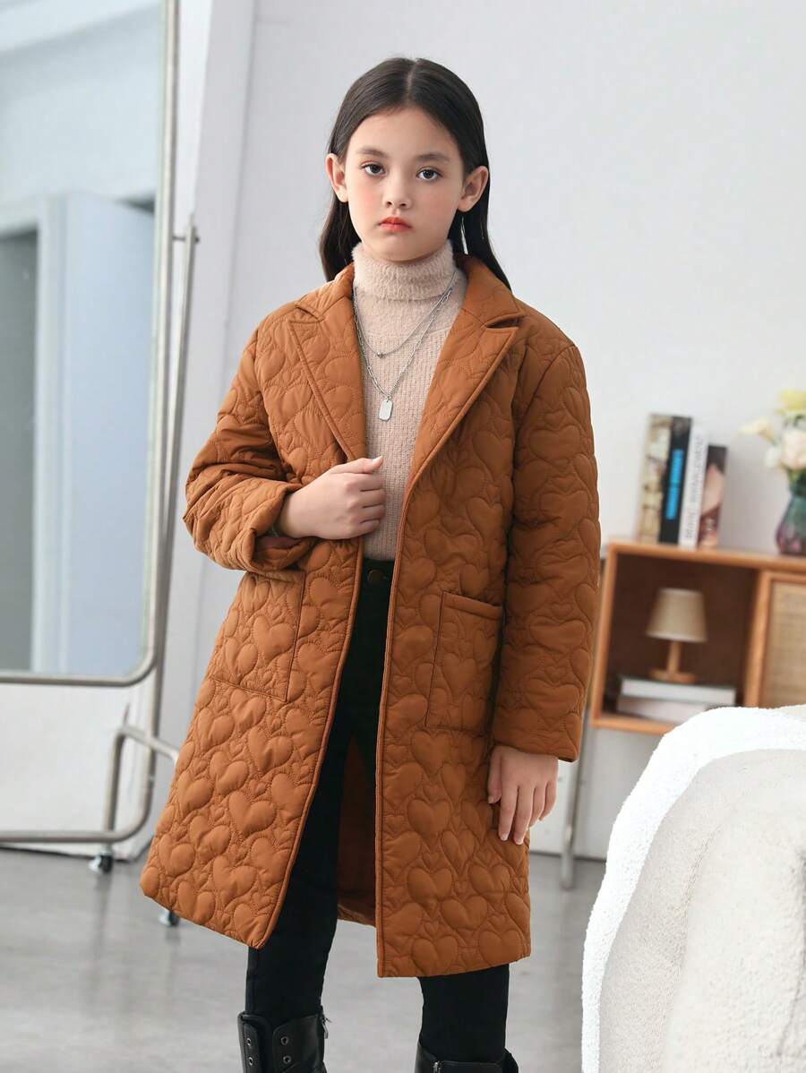 SHEIN Tween Girl 1pc Lapel Neck Belted Quilted Coat