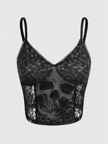 ROMWE Grunge Punk In Đầu lâu Ren tương phản Cami ngọn - màu đen - Xem 1