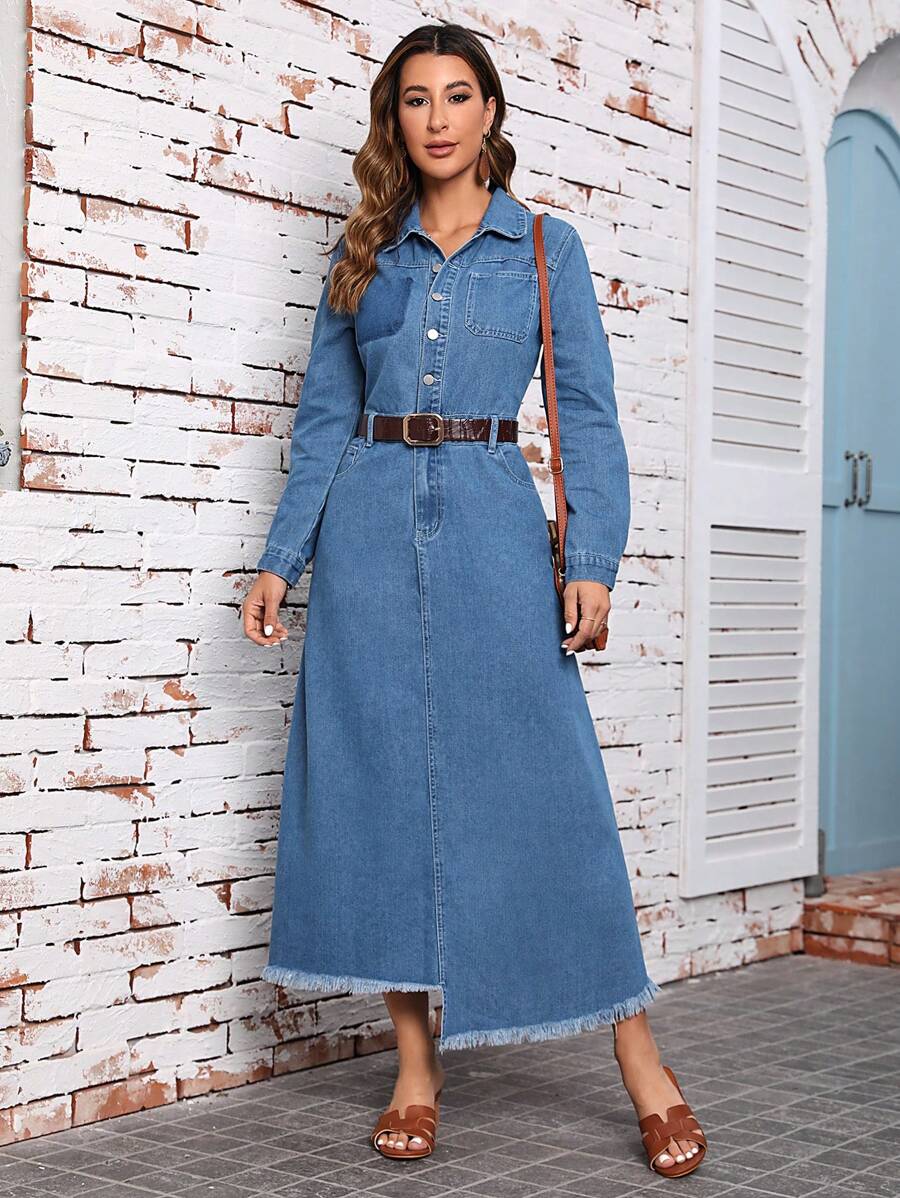 SHEIN LUNE 毛邊牛仔洋裝不附腰帶 - 藍色 - 查看 1