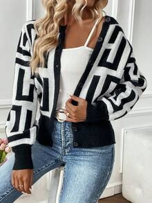 SHEIN Unity Geo Pattern Cardigan - Black and White - View 7