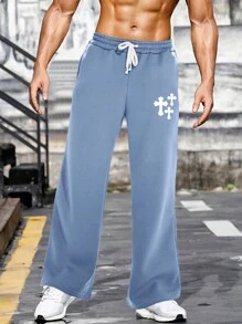 Manfinity Homme 鬆身男士運動長褲,十字印花和束口腰帶設計 - 霧霾藍 - 查看 1