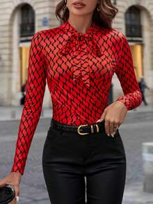 SHEIN Clasi Allover Print Tie Neck Bodysuit - Multicolor - View 3