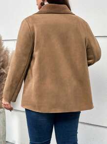 EMERY ROSE 大碼西裝領雙排釦毛絨內襯外套 - 卡其色 - 查看 2