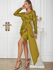 Surplice Neck Draped Detail Satin Dress - Yellow - View 7