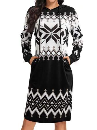 Geo Print Drawstring Hooded Hidden Pocket Sweatshirt Dress