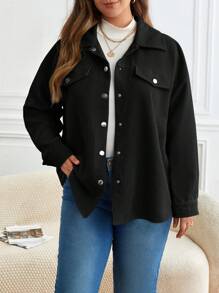 SHEIN Frenchy Plus Barnfit Flap Detail Drop Shoulder Jacket - Black - View 3