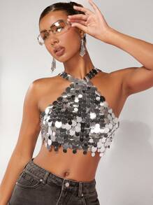 SHEIN ICON Top crop con lentejuelas - Plateado - Ver 1