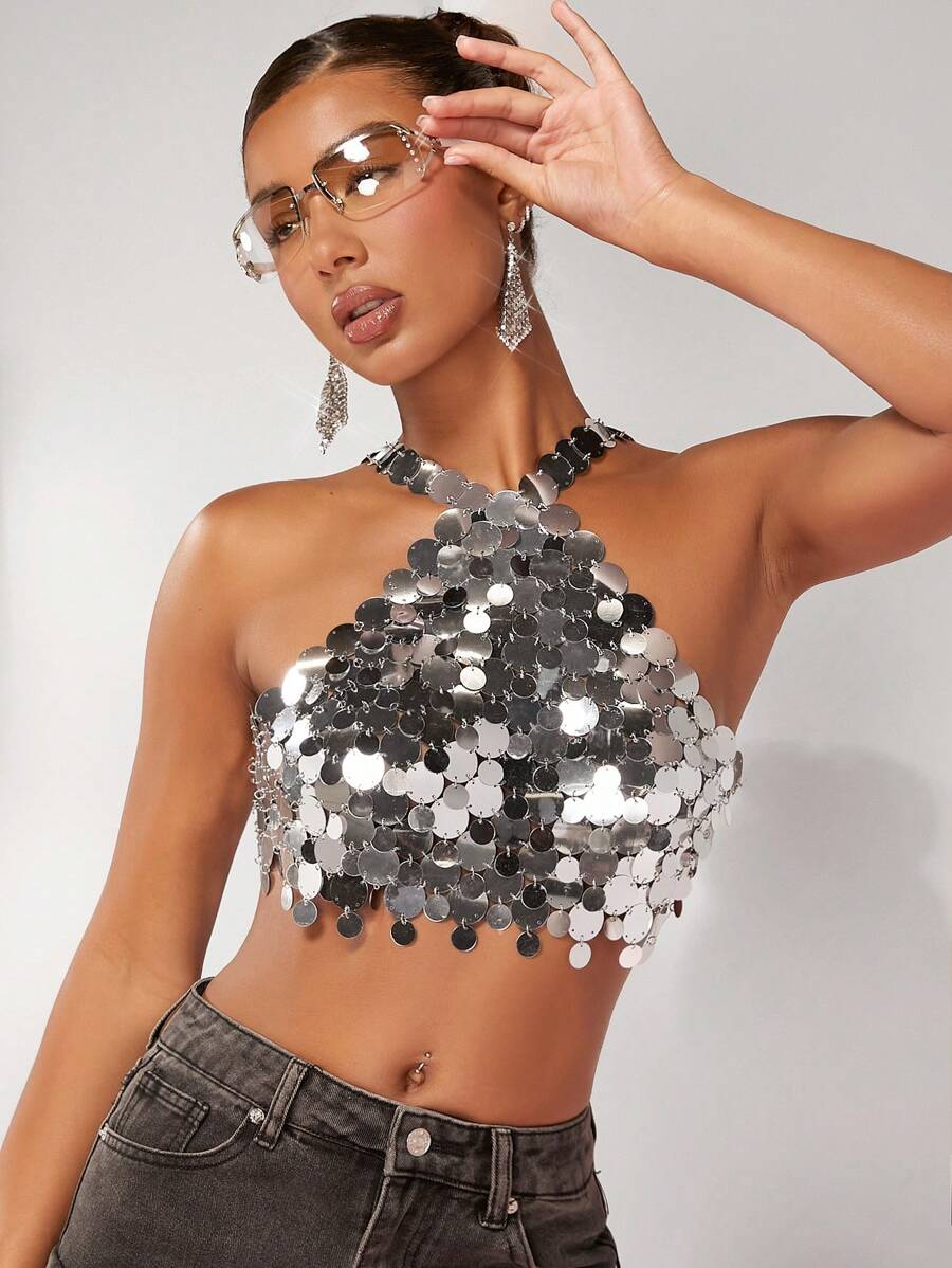 SHEIN ICON Top crop con lentejuelas - Plateado - Ver 1