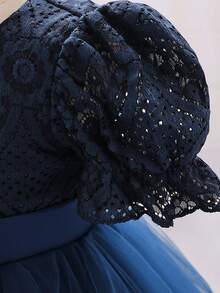SHEIN Young Girl Contrast Lace Bow Front Puff Sleeve Mesh Overlay Party Dress - Navy Blue - View 4
