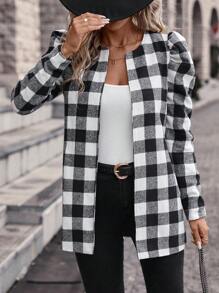 SHEIN Clasi Buffalo Plaid Print Gigot Sleeve Open Front Coat - Multicolor - View 3