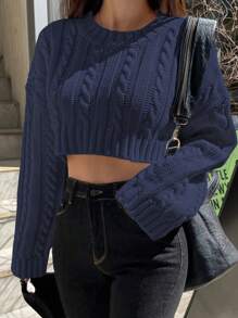 DAZY Cable Knit Drop Shoulder Crop Sweater,Fall Clothes - Navy Blue - View 4