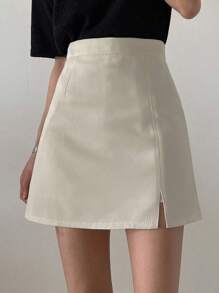 DAZY High Waist Split Hem Zip Back Skirt - Apricot - View 1