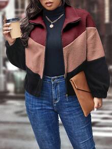 SHEIN LUNE Plus Color Block Drop Shoulder Teddy Jacket - Multicolor - View 7