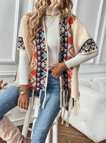 SHEIN LUNE Mẫu Geo Fringe Hem Áo Cardigan - Màu be - Xem 1